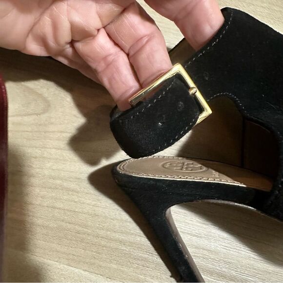 Tory Burch Black Suede Leather Peep Toe Heels Ankle Strap Cutout Stiletto - Picture 6 of 15